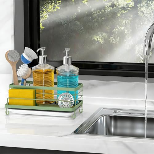 Cisily Sponge Holder for Kitchen, Sink Caddy Organizer, Kitchen Sink Accessories with Drip Tray, Rustproof and Non-slip Kitchen Sink Sponge Holder (Sage Green) - color: Sage Green