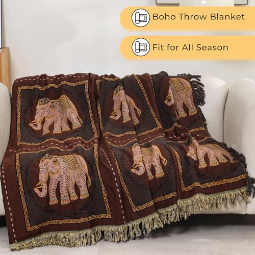 Elephant Pattern Boho Throw Blanket for Bed Couch 60"×80" Brown | 4-Layer Gauze Breathable Reversible Muslin Blanket,Soft Lightweight All Season Quilt with Fringe,Multi-purpose Blanket - color: Brown Elephant, size: 60''x80''