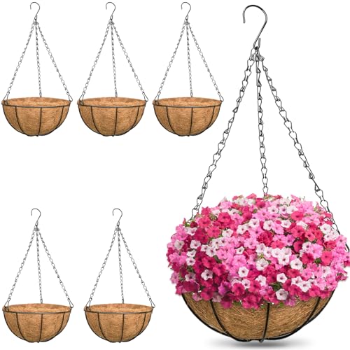 6 Pack 14 Inch Metal Round Hanging Planter Basket with Coconut Liners Replacement, Hanging planters Baskets with Natural Coco Liner for Outdoor Indoor Planters Flowers Vegetables - color: 6 Pack, size: 14 Inch