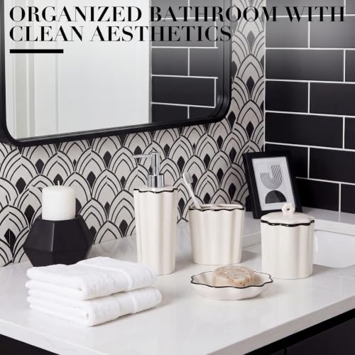 Zhehao Scalloped Bathroom Ceramic Accessories Set 4 Pcs Bathroom Accessory Sets with Toothbrush Holder Soap Dispenser Soap Dish Cotton Swab Jar Bathrooms Countertop Organizer (Black) - color: Black