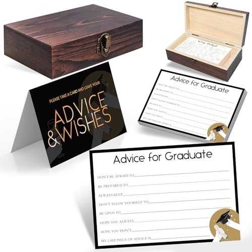 Graduation Advice Cards 2026 with Decorative Wood Box - 60 Pack 250GSM Wishes & Advice Cards for Graduate - High School & College Graduation Party Decorations, Guest Book Alternative, Sign Set - color: GRADUATION