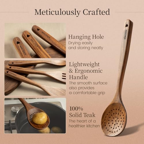 Kikcoin 7 PCS Durable Natural Teak Wooden Cooking Utensils Set, Non Toxic Wooden Spoons for Cooking, Wooden Utensil Set for Cooking with Comfort Grip, Nonstick & Easy to Clean Wood Kitchen Utensil Set - size: 7-Piece Set