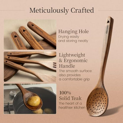 Kikcoin 7 PCS Durable Natural Teak Wooden Cooking Utensils Set, Non Toxic Wooden Spoons for Cooking, Wooden Utensil Set for Cooking with Comfort Grip, Nonstick & Easy to Clean Wood Kitchen Utensil Set - size: 7-Piece Set