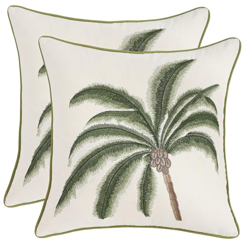 Embroidered Throw Pillow Covers 18x18 inch Pack of 2 Green Palm Tree | Ocean-Themed,Durable Fabric,Square Pillow Cover,Boho Decorative,Hidden Zipper,Aesthetic Design,Ideal Gift,Machine Washable - color: A Green Coconut Tree