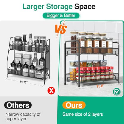 Spice Rack Organizer for Countertop,Xpatee 2-Tier Foldable Metal Rust-Proof Standing Large Seasoning Storage Shelf with Guardrail and Mesh Design for Kitchen Cabinet Bathroom Living Room Pantry, Black - size: Black-1 pack