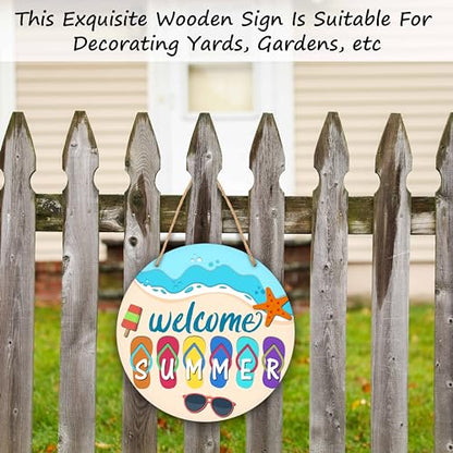 Summer Welcome Sign, Round Wooden Wall Sign, 10x10 inches, Beach Theme, Flip Flop Decor, Rope Mount - color: Flip Flop
