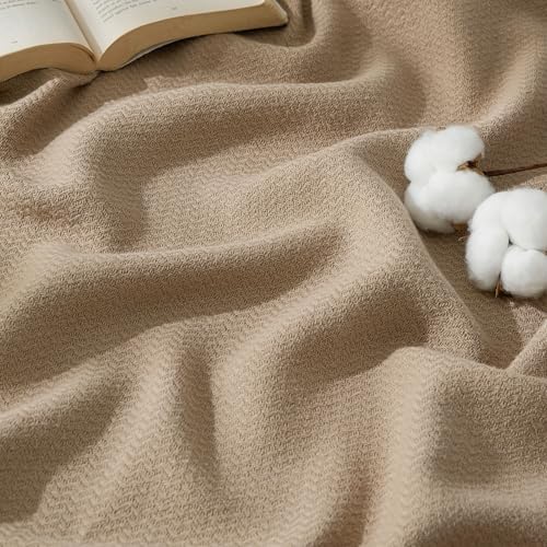 Bedsure GentleSoft 100% Cotton Large Blanket Oversized King for Bed 120x94 inches - Breathable Soft Cozy Herringbone Woven Blanket for Summer, Couch Cover, Light Brown - color: 01 - Light Brown, size: Oversized King