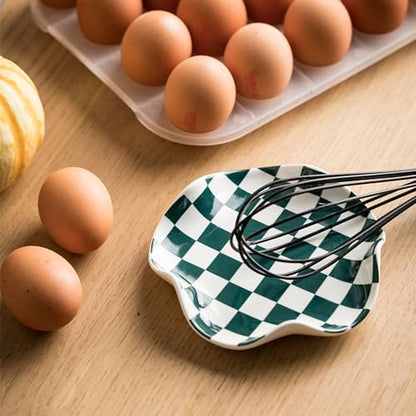 Miamolo Checkered Spoon Rest for Stove Top, Spoon Holder Keeps Area Cleaner | 5.3" Fits Cooking Ladles & Spatulas | Ceramic Heat-Resistant, Dishwasher Safe | Range, Kitchen Counter Use, Housewarming Gift - color: Green-White