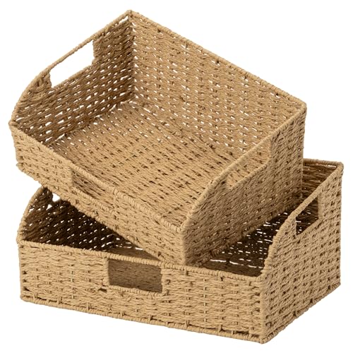 StorageWorks Pantry Baskets for Organizing,Wicker Basket for Storage,2-Pack | Paper Rope Wicker Storage Baskets for Shelves with Handles, Pantry Organizers and Storage, Shelf Baskets for Organizing - color: Light Brown(Paper Rope), size: 15¾"L x 11"W x 7½