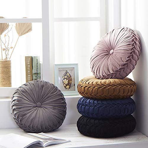 Cassiel Home 14.5" Pintuck Round Throw Pillow - Handcrafted Pumpkin Velvet Floor Pillow - Mauve Throw Pillows Cushion for Chair Couch(Solid Pink)