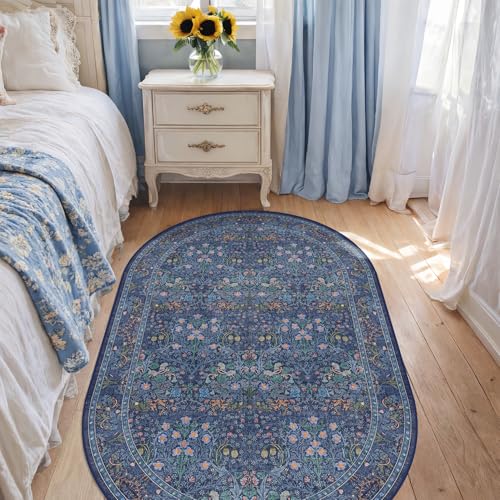 Vintage Dark Blue Oval Area Rug 3x5 for Bedroom Bedsdie, Entryway, Washable Rug for Kitchen, Laundry Room, Boho Non-Slip Low Pile Ultra Soft Stain Resistant Floral Carpet (3x5 Dark Blue) - color: Dark Blue, size: 3' x 5' (Oval)