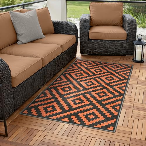 GENIMO Outdoor Rug 3'x5' Waterproof for Porch, Plastic Door Mat Orange Noir | Outside Modern Carpet for Patio Decor, Balcony, Deck, Backyard, Picnic, Camping, RV, Reversible, Foldable, Lightweight - color: Orange & Noir, size: 3' x 5' (Rectangular)
