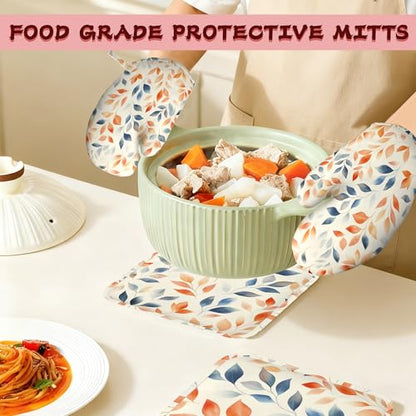 Autumn Leaves Heat-Resistant Silicone Oven Mitts and Pot Holder 4 Piece Set,Non-Slip Kitchen Oven Gloves for Baking, BBQ, Cooking,Grilling - color: Autumn Leaves