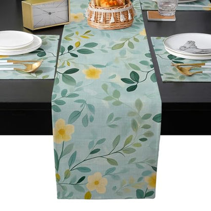 Table Runner and Placemats Set of 6 Flowers Leaves Decorative Dining Table Runner with Matching Placemats Spring Pastoral Table Decor for Kitchen Dining Room and Everyday Use 13x90in - size: 13"x90"+6pcs
