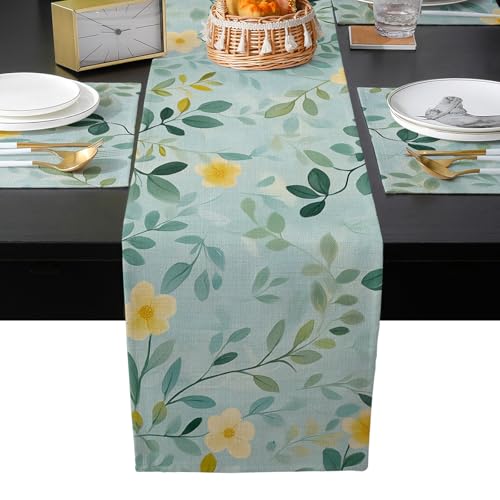Table Runner and Placemats Set of 4 Flowers Leaves Decorative Dining Table Runner with Matching Placemats Spring Pastoral Table Decor for Kitchen Dining Room and Everyday Use 13x70in - size: 13"x70"+4pcs