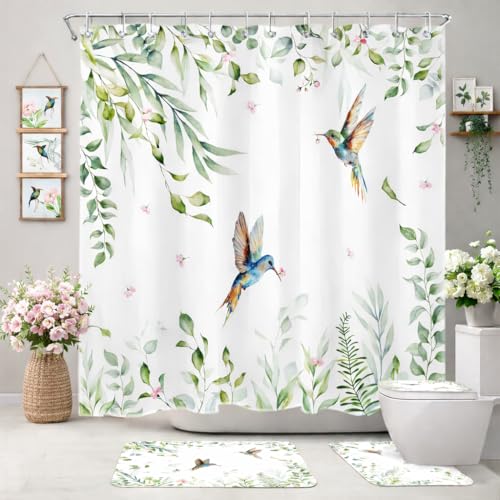 MASLEK 4 Piece Sage Green Shower Curtain Set, Eucalyptus Hummingbird Decor | 72W x 72L Inches, toilet lid cover, bath mat, contour rug, hooks included, coordinated botanical bathroom decor - color: Green