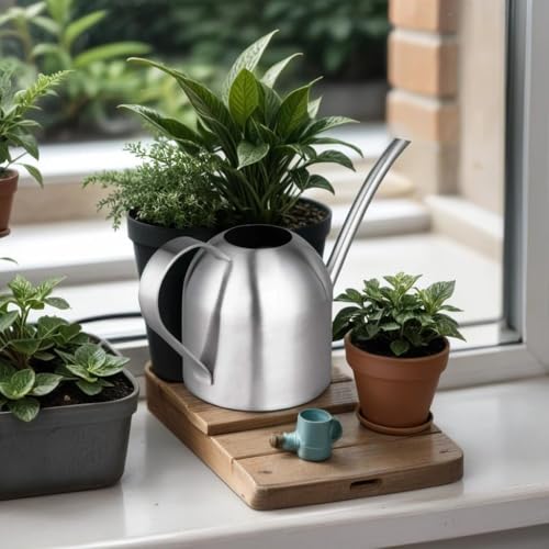 IMEEA Indoor Watering Can for House Plants 33oz/1L Brushed Stainless Steel Watering Can with Long Spout for Succulents, Bonsai - color: 33oz (Silver)