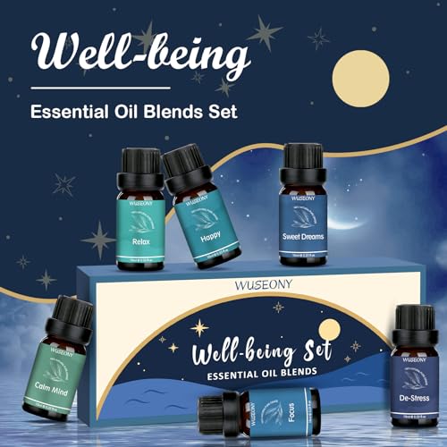 WUSEONY Well-Being Essential Blends Oils Set, Aromatherapy Oils Gift Set for Diffusers Home, Fragrance Oil Scent for Candle Soap Making - Happy, Calm Mind, De-Stress, Relax, Focus, Sweet Dreams - color: Well-being