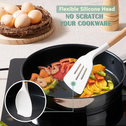 E-far Silicone Cooking Utensils Set, 446℉ Heat Resistant 10PCS Kitchen Utensils Set with Wooden Handle for Nonstick Cookware, Kitchen Tools Spatula Whisk Tongs Ladle, Non-toxic & Healthy, White - color: White, size: 10