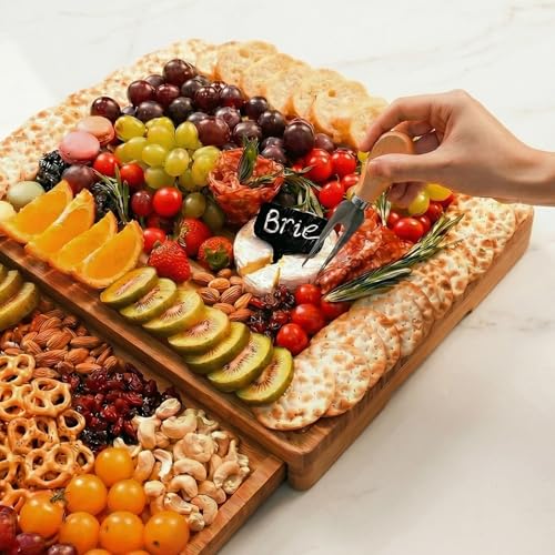 Extra Large Bamboo Charcuterie Board, 3-Layer Pull-Out Trays, Brown | 33.7"x15.7" 3-Layer Pull-Out Cheese Board with Slate Plate, Knife Set, Bowls, Ideal for Home Parties and Housewarming Gifts - color: Carbonized Bamboo