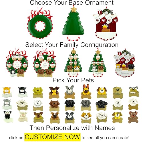 Customized and Personalized Christmas Ornament - Family of 2-6 with Two Pets - Select 2 of The 25 Different Dogs and Cats to Design Your Own Made to Order Gift (Family of 4) - size: Family of 4 with 2 Pets