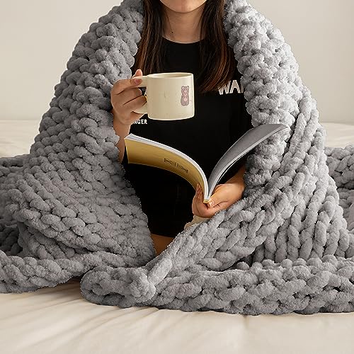 Gray Chunky Chenille Knit Throw Blanket 50x60 Inch Sofa Bed Couch | Ultra soft fluffy texture Handmade Chenille Crochet Blanket lightweight decorative blanket for indoor daily use - color: Light Grey
