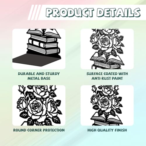 5.3"x4.3"x7.9" Metal Bookends, Heavy Duty Book Ends for Shelves | Rose with Book Theme Cast Iron Book Supports, 1 Pair Decor Stoppers for Desk, Library, Office & Home Shelves - style: Rose with Book
