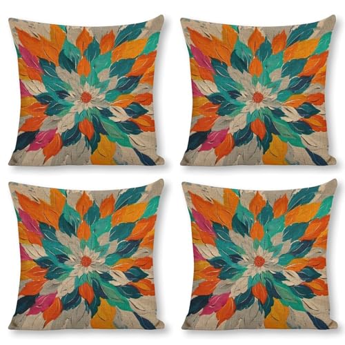 Oil Painting Dahlia Throw Pillow Covers Linen Pillow Cases 18x18 Inch Square Cushion Pillowscover Modern Farmhouse Decor Set of 4 for Sofa Bedroom Living Room Car - color: Oil Painting Dahlia, size: 18" x 18" (Pack of 4)