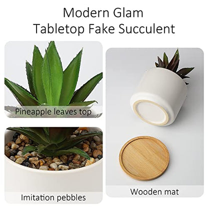 Hopewood Artificial Pineapple Succulents Plant with Ceramic Pot Wooden Tray | Faux Agave Succulent Plant in White Ceramic Pots, Potted Artificial Plants for Home, Office Desk and Bathroom Decor - size: 1 Set Pineapple