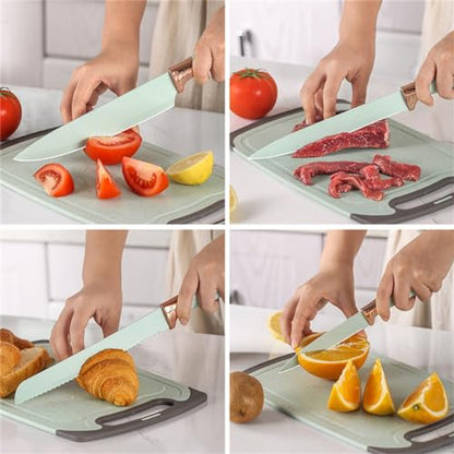Kitchen Cooking Utensils and Knife Set with Block, 19 Pieces Cooks Cutting Set 11 Silicone Utensils Tool 5 Pcs Sharp Stainless Steel Chef Knives Scissors Whisk Tongs and Cutting Board (Teal) - color: Teal