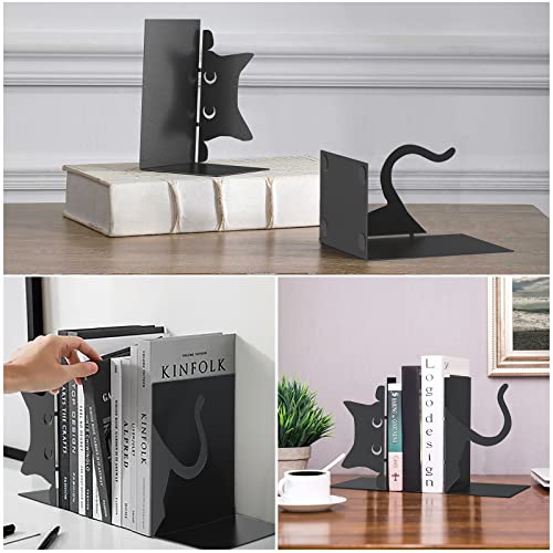 Book Ends Decorative,ENCIMART Book Ends,Metal Bookends,Book Holders for Shelves,Office Decorative Bookends,1.5mm Thickened Book Ends,Bedroom Library Office School Book Desktop Organizer Gift（Cat） | 1.5mm Metal Bookends for Heavy Books, Book Stoppers Desk