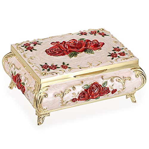 Hipiwe Metal Jewelry Storage Box with Vintage Rose Patterm Gift for Women | Small Treasure Chest Trinket Organizer For Rings Earrings Necklace, Antique jewelry Keepsake gift Box Case - color: Beige, size: Medium