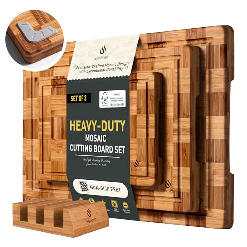 3 Pack Heavy Duty Bamboo Cutting Board Set Non Toxic Wooden Cutting Board for Kitchen Non Slip Solid End Grain Thick Wood Juice Groove Chopping Board Extra Large Butcher Block Best House Warming Gift - size: Multiple Sizes (Set of 3)