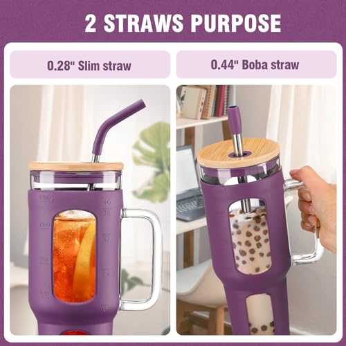 WINSA Glass Tumbler with Lid and Straw, 46 oz, Dark Purple | Iced Coffee Cup with Handle, Large Water Bottle with Silicone Sleeve, Pearl Straw & Drinking Straw, BPA Free - color: Dark Purple, size: 46 Ounces