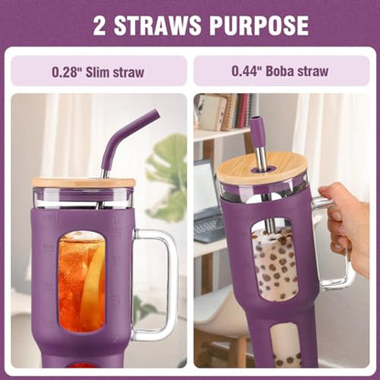 WINSA Glass Tumbler with Lid and Straw, 46 oz, Dark Purple | Iced Coffee Cup with Handle, Large Water Bottle with Silicone Sleeve, Pearl Straw & Drinking Straw, BPA Free - color: Dark Purple, size: 46 Ounces