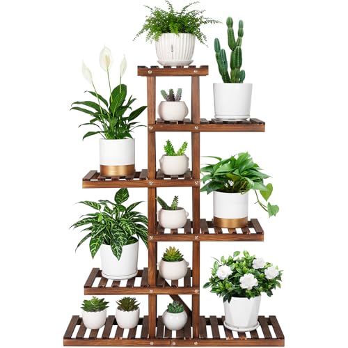 6 Tiered Wooden Plant Stand Shelf for Multiple Plants,Indoor Narrow Corner | Outdoor Multi Plants Stand Rack Sturdy Flower Stand Shelves for 12 Pots Plant Organizer Balcony Patio Apartment,Rustic,Tall