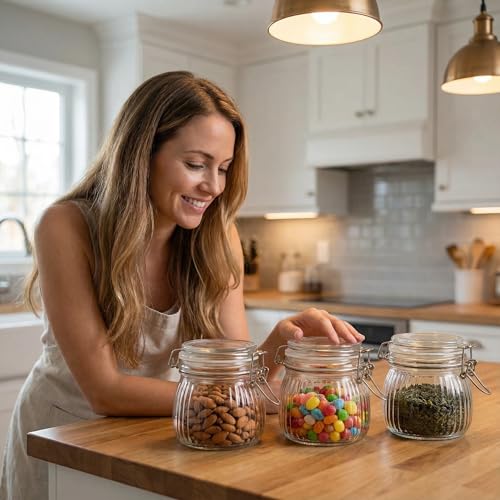 17oz Airtight Glass Jar with Lid, 6 Pack Clamp Lid Glass Storage Jars, Flip Top Food Storage Containers, Wide Mouth Thick Glass Jars for Yogurt Dessert Jam Sugar Snacks Pantry Kitchen Organization - size: 17 fl oz x 6 - Ridged