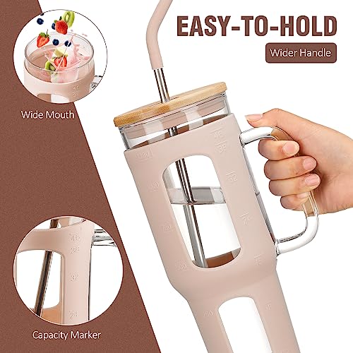 WINSA Glass Tumbler with Lid and Straw, 46 oz, Amber | Iced Coffee Cup with Handle, Large Water Bottle with Silicone Sleeve, Pearl Straw & Drinking Straw, BPA Free - color: Amber, size: 46 Ounces