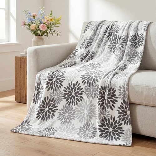 Horaldaily Dahlia Pinnata Floral Black Grey Flannel Throw Blanket 60x80 | All Season Using Ultra Soft Fuzzy Plush Cozy Non-shedding Blanket for Couch Sofa Bed Camping, Ideal Gift for Kids Adults - color: Black Grey, size: Twin(60x80”)