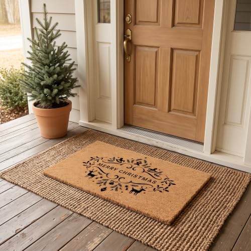 Merry Christmas Doormat | Natural Coconut Coir, Non-Slip | Outdoor Welcome Mat with Festive Holiday Design - color: Merry Christmas