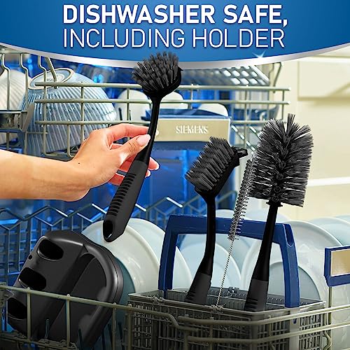 Dish Brush Set of 5 with Holder - Kitchen Scrub Brushes with Non-Slip Long Handle for Cleaning, Scrubber, Dishwashing, Dishes, Bottles, Straws, Cups, Pots & Sink, Black - color: Black
