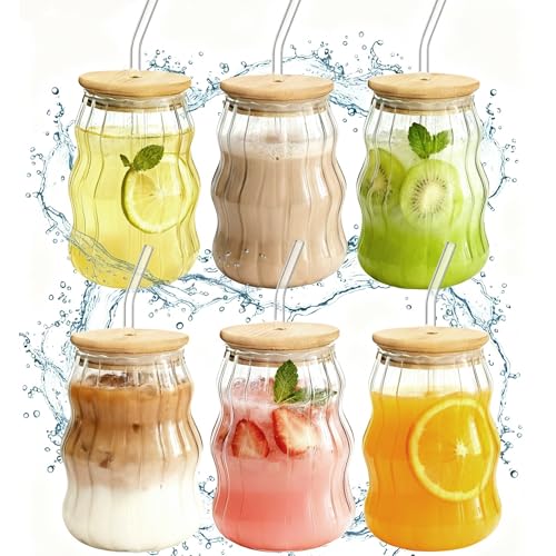 6 Packs Cute Glass Tumbler with Lid and Straw 16 oz Cute Ice Coffee Cup Set Bulk Vasos de Vidrio Con Tazas Para Cafe Cocina Accesorios Home Bar Accessories New Home House Warming Gift Kitchen Stuff - color: Cloud stripe-6 Pcs