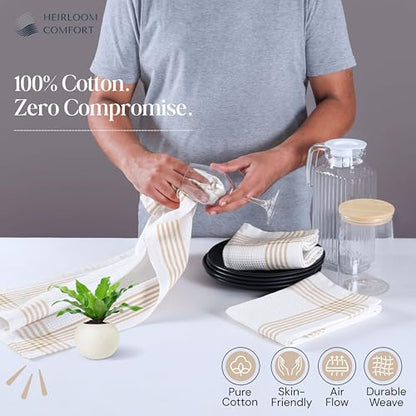 Beige and White Waffle Kitchen Towels 12 Pack, 100% Cotton, 16x26 Inch, Ultra Absorbent, Fast Dry Dish Towels, Reusable Dishcloths for Drying, Cleaning, Kitchen Use - color: Beige, White, style: 12 Pack
