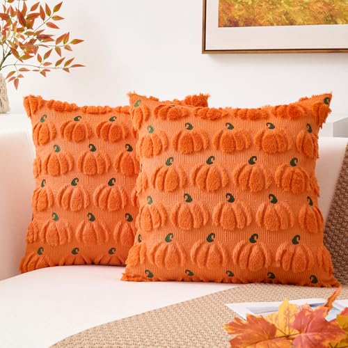 Kevin Textile Fall Pumpkins Pillow Covers 18x18 Inch Set of 2 Autumn Embroidery Decorative Square Pillowcases Soft Faux Fur Cushions Harvest Gift for Couch Sofa Chair Bedroom Halloween, Orange - color: Orange Pumpkin, size: 18" x 18" (Pack of 2)