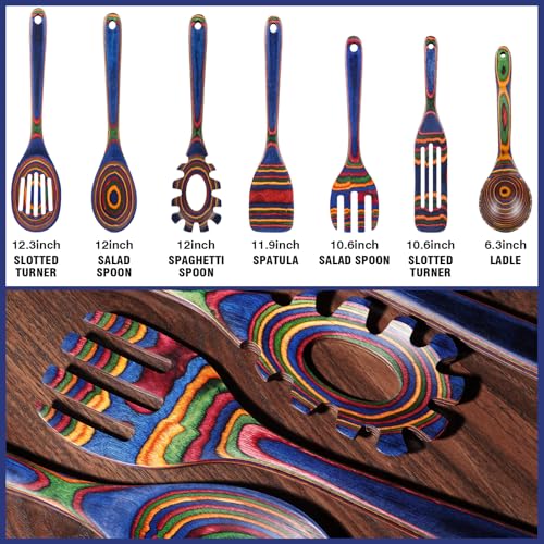 MYRAINBOW Wooden Spoons for Cooking – 7 Piece Pakkawood Kitchen Utensils Set with Spatulas, Spoons, Ladles, and Turner for Mixing, Serving & Cooking - color: Rainbow-A