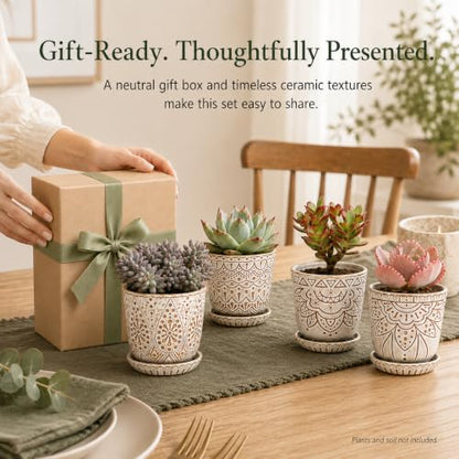 Gepege Ceramic Succulent Pots, 4 Inch Small Plant Pots with Drainage | Ceramic succulent pots with drainage holes, ceramic saucers and mesh pads, set of 4, ideal for cactus and succulents - color: Cream White, size: 4 Inch - Set of 4