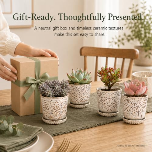 Gepege Ceramic Succulent Pots, 4 Inch Small Plant Pots with Drainage | Ceramic succulent pots with drainage holes, ceramic saucers and mesh pads, set of 4, ideal for cactus and succulents - color: Cream White, size: 4 Inch - Set of 4