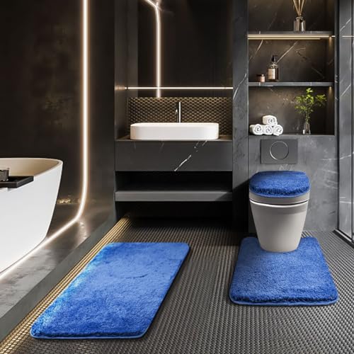 Bathroom Rugs Sets 3 Piece with Toilet Seat Cover 17.5"x 15" | Machine Washable Bath Rug Set with Tpr Non Slip Rubber Backing Solid Bath Mat Set for Luxury Bathroom Decoration - color: Blue, size: 17.5" x 15"+ 32" x 20"+ U 24" x 20"