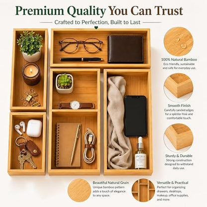 ABABIL Bamboo Drawer Organizer Set of 5, Wooden Storage Tray Inserts for Kitchen, Bathroom, Office, Makeup, Jewelry, Utensils, Desk Accessories and Vanity Drawers, Brown