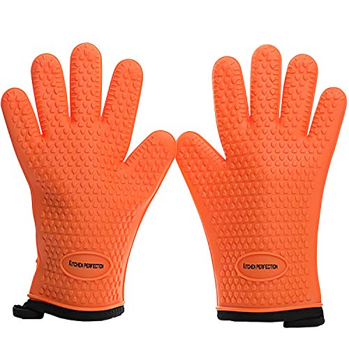 KITCHEN PERFECTION S Silicone Smoker BBQ Gloves - Heat Resistant Oven Mitts | Made For Women, Waterproof, 5-Finger Design For A Better Grip, For Meat Smoking, Grilling, Cooking, Frying Turkey, Grill Gift - color: Orange Fire, size: Small